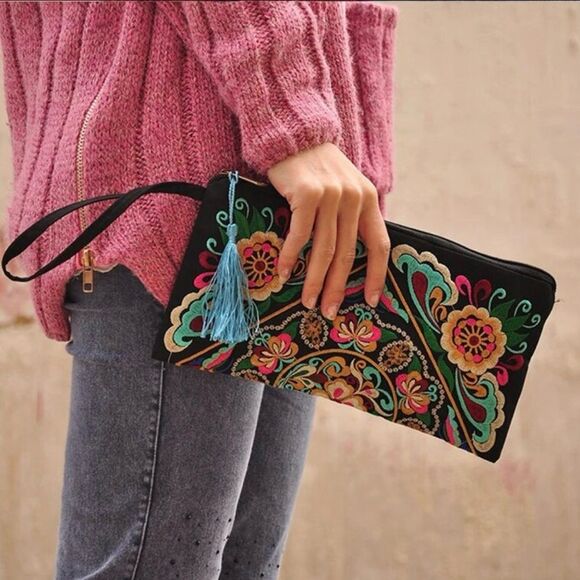 Boho Women Retro Butterfly Flower Bags Handbag Wallet Purse Embroidered-Blue - Picture 1 of 8